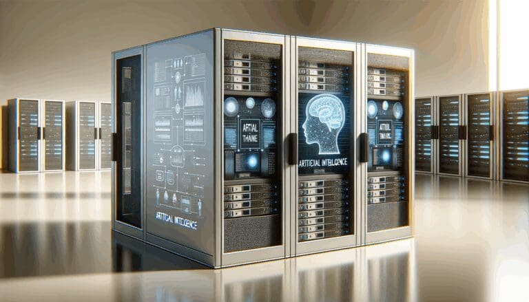 Plano cerrado de servidores y pantallas mostrando software de inteligencia artificial en un entorno de oficina moderna.