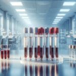 Primer plano de tubos de ensayo con muestras de sangre sobre una mesa de laboratorio moderna y luminosa.