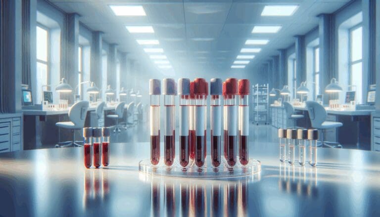 Primer plano de tubos de ensayo con muestras de sangre sobre una mesa de laboratorio moderna y luminosa.