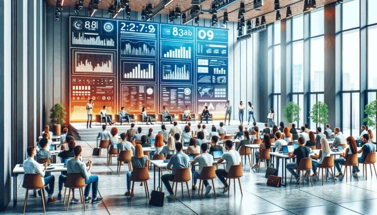 Ambiente vibrante de un foro de startups con jóvenes emprendedores y pantallas digitales en un espacio moderno.