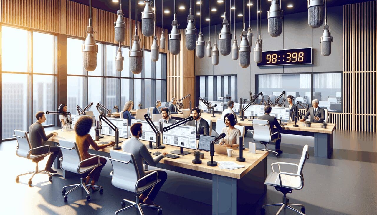 Un estudio de radio moderno con micrófonos y computadoras, personas conversando animadamente en un entorno profesional.