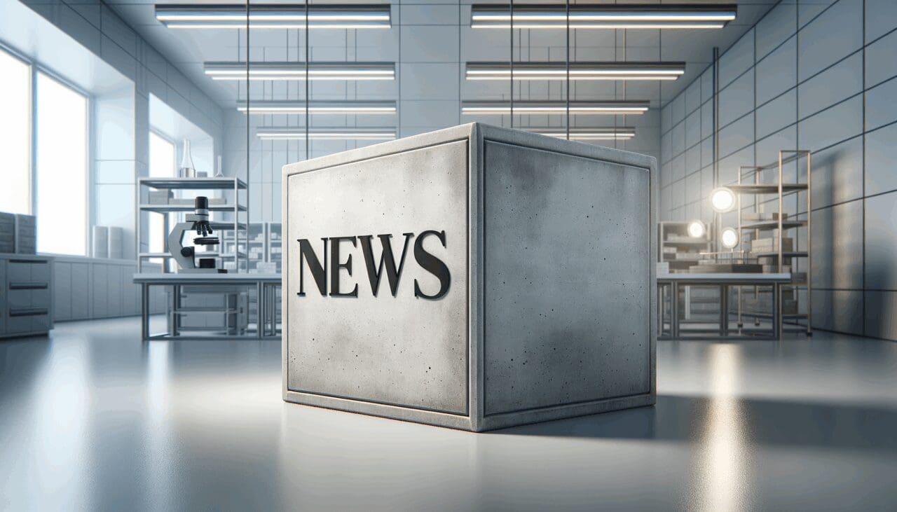 Fotografía de un bloque de concreto con una fisura parcialmente sellada, en primer plano, en un entorno de laboratorio moderno.