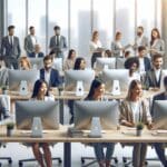 Oficina moderna, personas colaborando frente a computadoras, ambiente de innovación tecnológica.