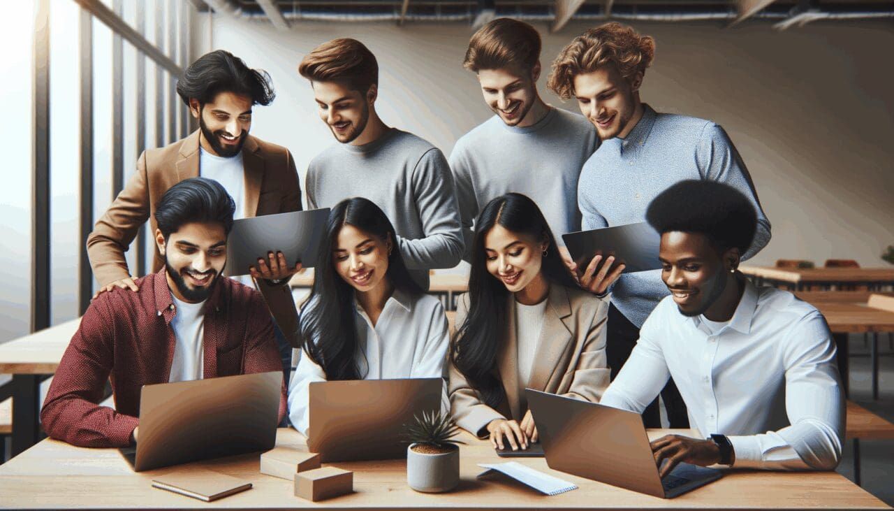 Jóvenes emprendedores colaborando frente a laptops en un espacio de coworking moderno, con ambiente tecnológico y profesional.