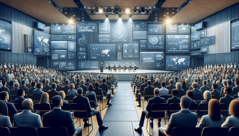 Personas reunidas en un moderno auditorio con pantallas y ambiente tecnológico.