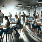 Personas jóvenes trabajando con laptops y tablets en un espacio de coworking moderno, gráficos digitales en pantalla.