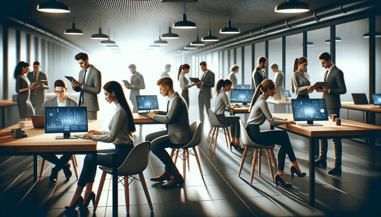 Personas jóvenes trabajando con laptops y tablets en un espacio de coworking moderno, gráficos digitales en pantalla.