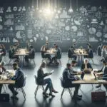 Emprendedores trabajando en laptops, rodeados de pizarras con ideas y mapas mentales en un espacio moderno.