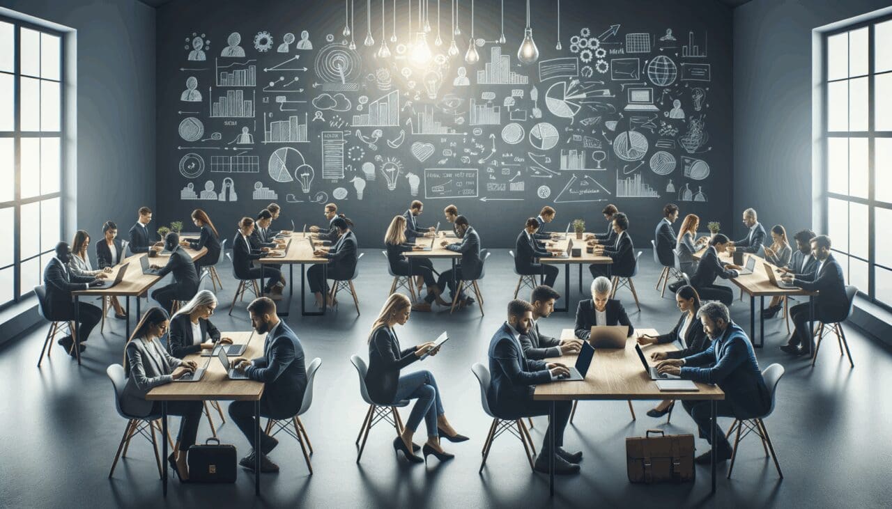Emprendedores trabajando en laptops, rodeados de pizarras con ideas y mapas mentales en un espacio moderno.