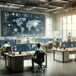 Oficina moderna con desarrolladores trabajando en algoritmos de inteligencia artificial, pantallas y ambiente tecnológico contemporáneo.