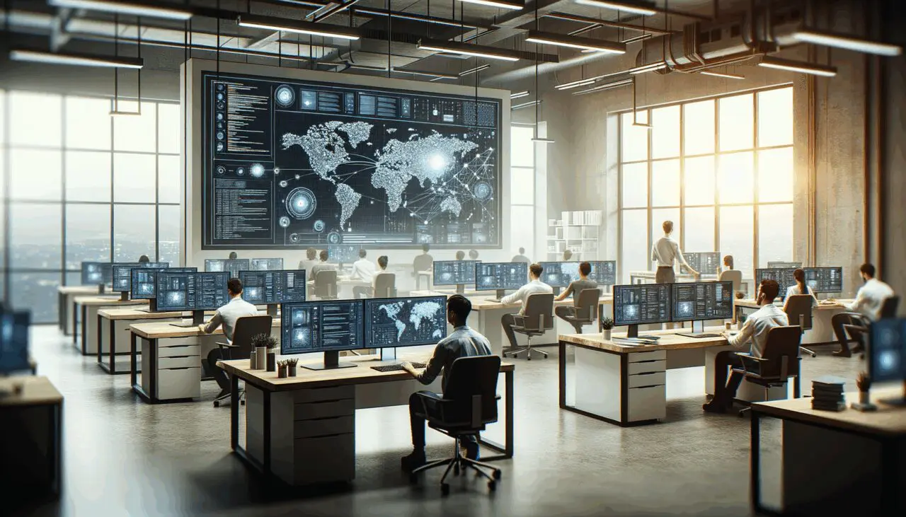 Oficina moderna con desarrolladores trabajando en algoritmos de inteligencia artificial, pantallas y ambiente tecnológico contemporáneo.