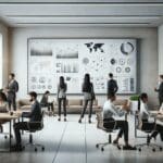 Personas colaborando en una moderna oficina de coworking con pantallas mostrando gráficos de datos y tecnología.