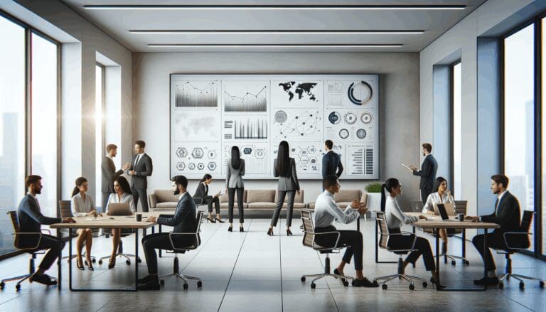 Personas colaborando en una moderna oficina de coworking con pantallas mostrando gráficos de datos y tecnología.