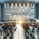 Auditorio luminoso con emprendedores interactuando y panel de innovación tecnológica al fondo.