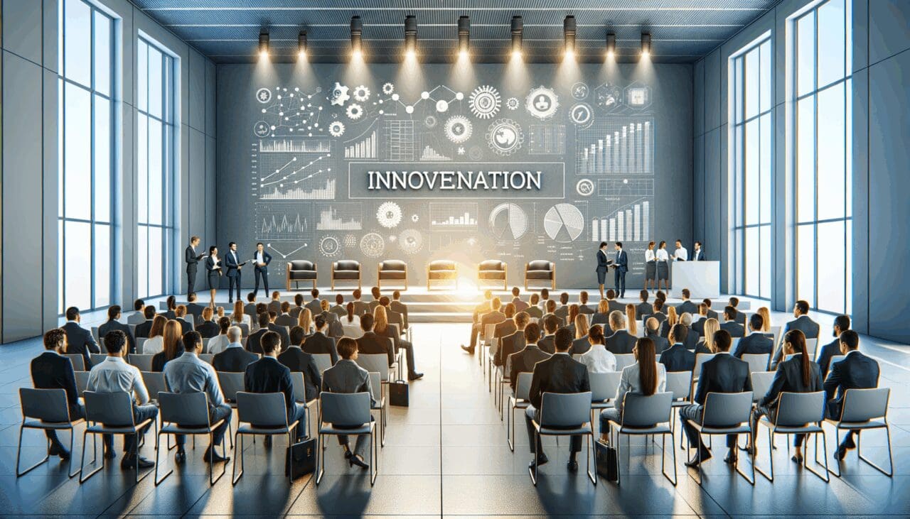 Auditorio luminoso con emprendedores interactuando y panel de innovación tecnológica al fondo.