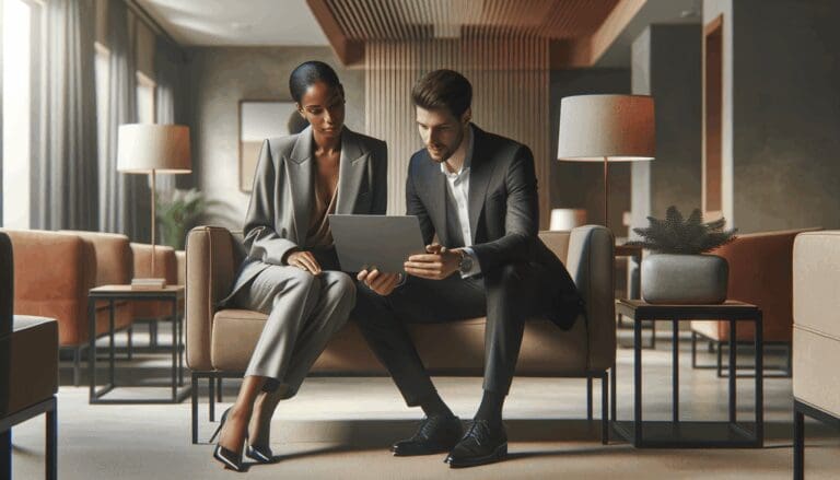 Fotografía de dos emprendedores revisando datos en laptop en el lobby moderno de un hotel independiente.