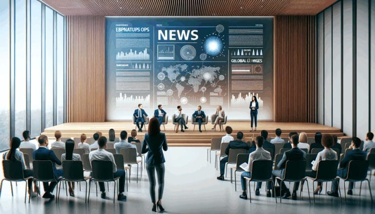 Panel de expertos conversando en un auditorio moderno, con startups presentando ideas a una audiencia internacional.