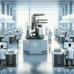 Laboratorio moderno con investigadores trabajando en equipos de biotecnología avanzada