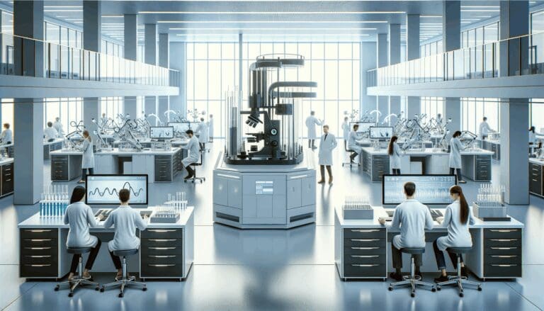 Laboratorio moderno con investigadores trabajando en equipos de biotecnología avanzada