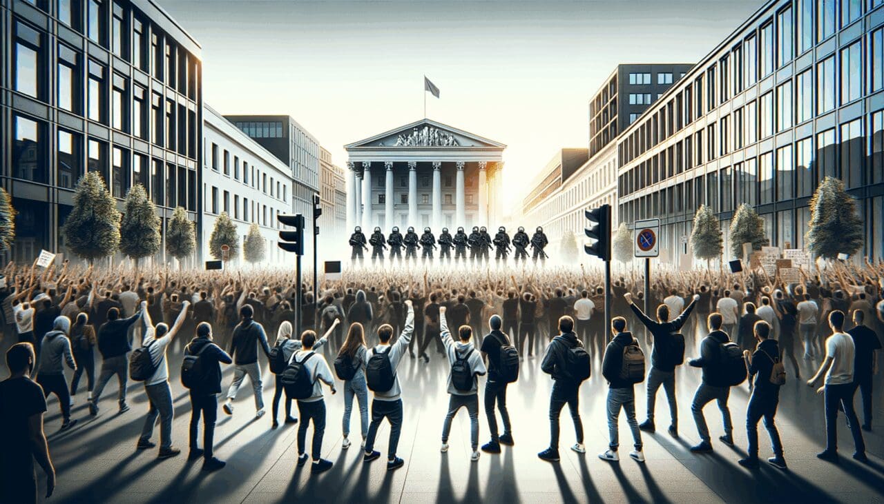 Manifestantes en una gran ciudad europea, policía al fondo, ambiente urbano y moderno.