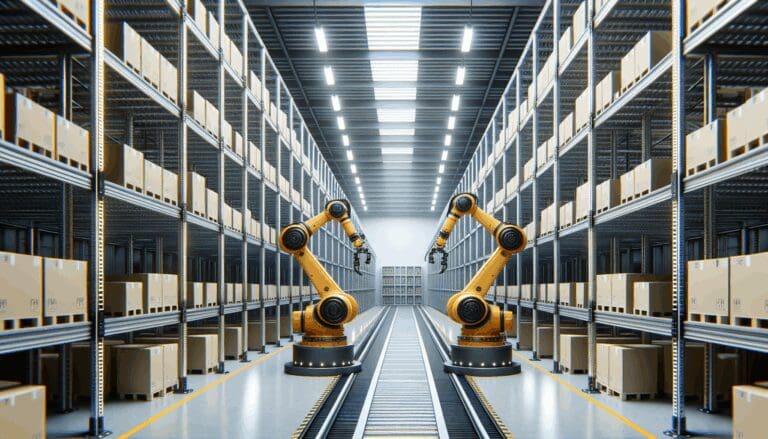Interior moderno de un centro logístico automatizado con brazos robóticos en acción y racks altos de almacenamiento.