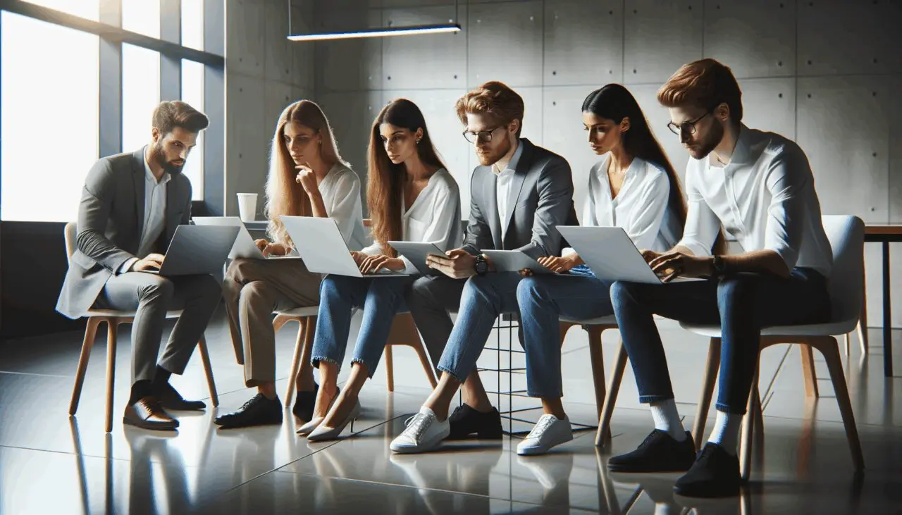 Grupo de jóvenes emprendedores colaborando en una oficina moderna con laptops y pizarras.