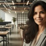 Retrato editorial de un líder empresarial en un entorno moderno de coworking asiático, tecnología visible en el ambiente.