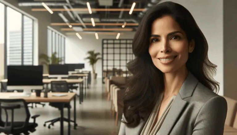 Retrato editorial de un líder empresarial en un entorno moderno de coworking asiático, tecnología visible en el ambiente.