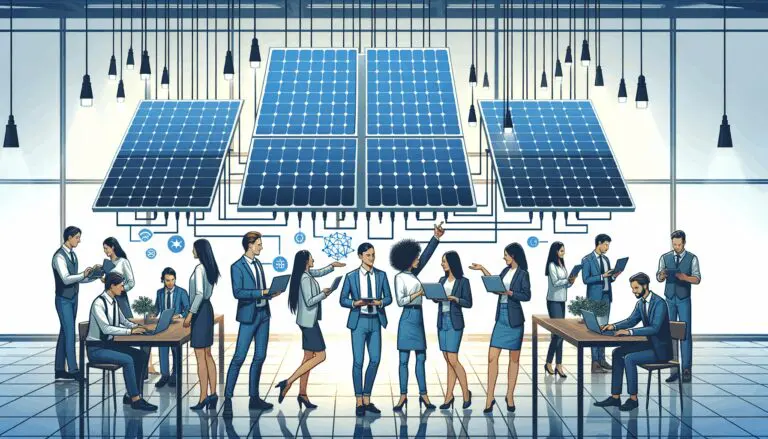 Ilustración de paneles solares conectados a una red digital, con jóvenes emprendedores colaborando en un espacio moderno.