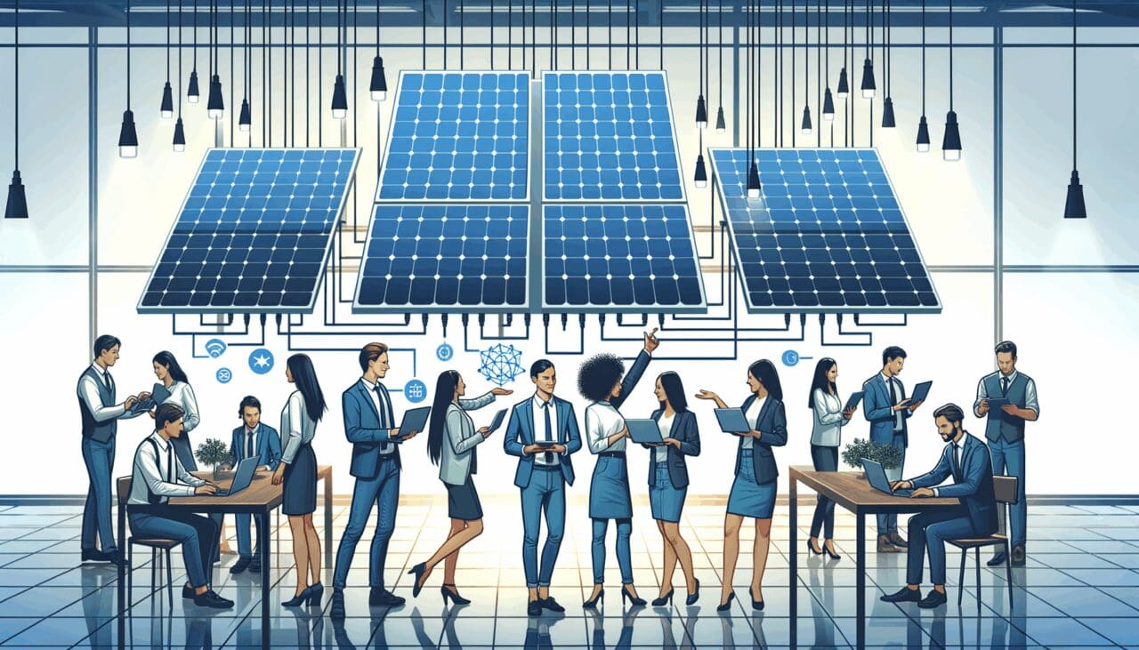 Ilustración de paneles solares conectados a una red digital, con jóvenes emprendedores colaborando en un espacio moderno.