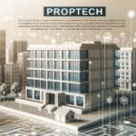 Edificio moderno rodeado de elementos tecnológicos representando el sector de proptech.