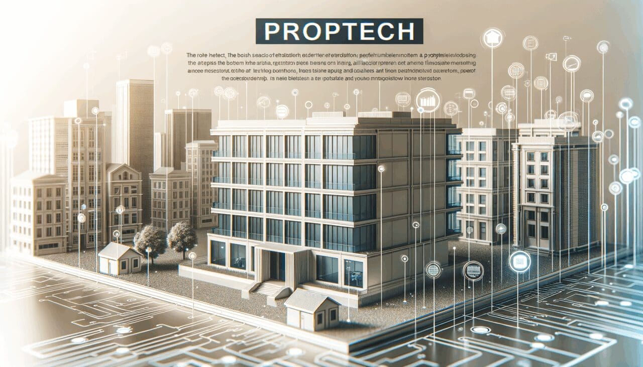 Edificio moderno rodeado de elementos tecnológicos representando el sector de proptech.