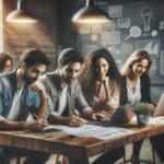 Dos equipos de emprendedores trabajando juntos en un espacio moderno de coworking, rodeados de pizarras y tecnología.