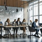 Oficina moderna con equipos tecnológicos y emprendedores colaborando en laptops.