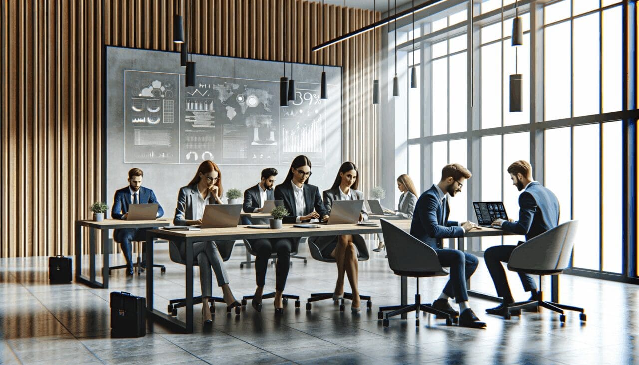 Oficina moderna con equipos tecnológicos y emprendedores colaborando en laptops.