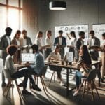 Dos equipos de jóvenes emprendedores colaborando en una oficina moderna con pizarras y tecnología.