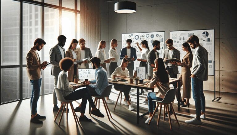 Dos equipos de jóvenes emprendedores colaborando en una oficina moderna con pizarras y tecnología.