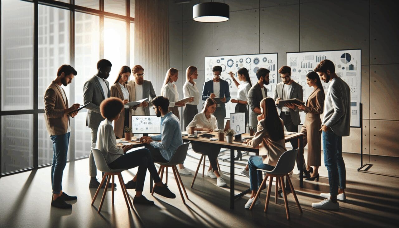 Dos equipos de jóvenes emprendedores colaborando en una oficina moderna con pizarras y tecnología.