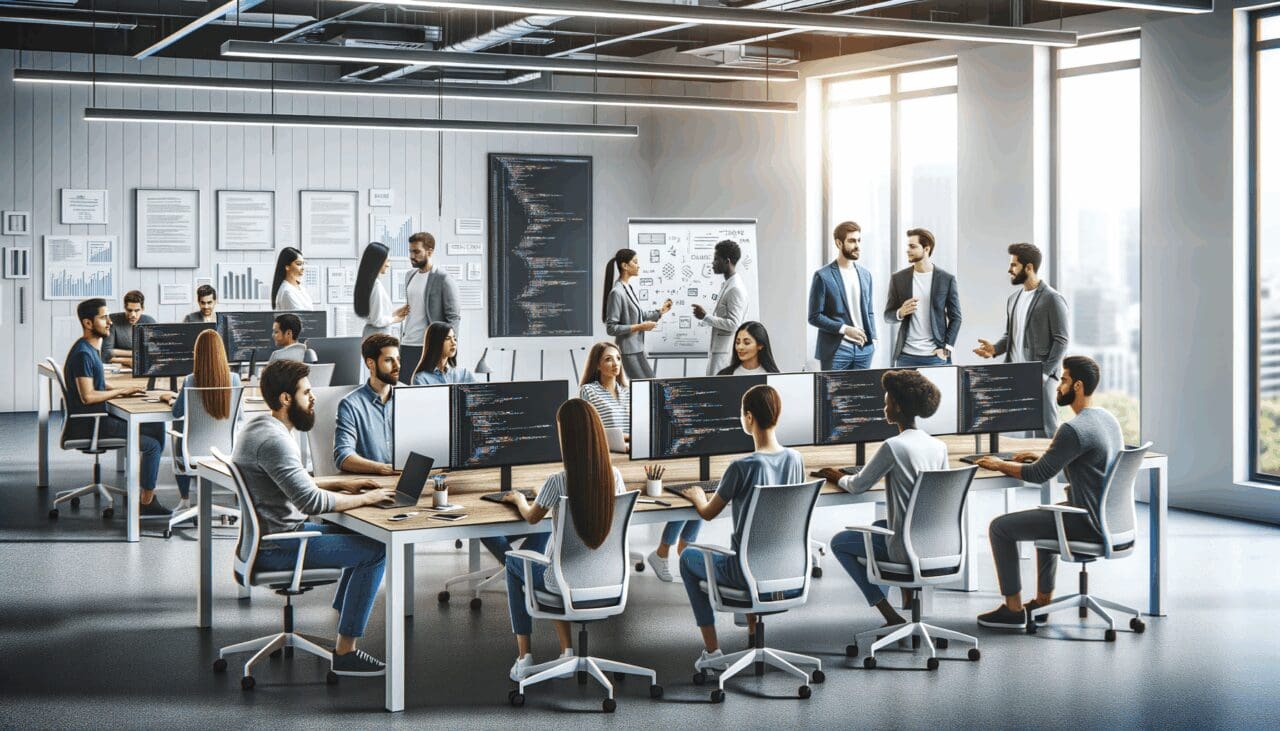Equipo diverso de jóvenes programadores colaborando en una oficina moderna con pantallas y pizarras digitales.