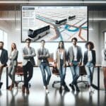 Equipo de emprendedores reunidos frente a una pantalla digital mostrando rutas de transporte en una oficina moderna.