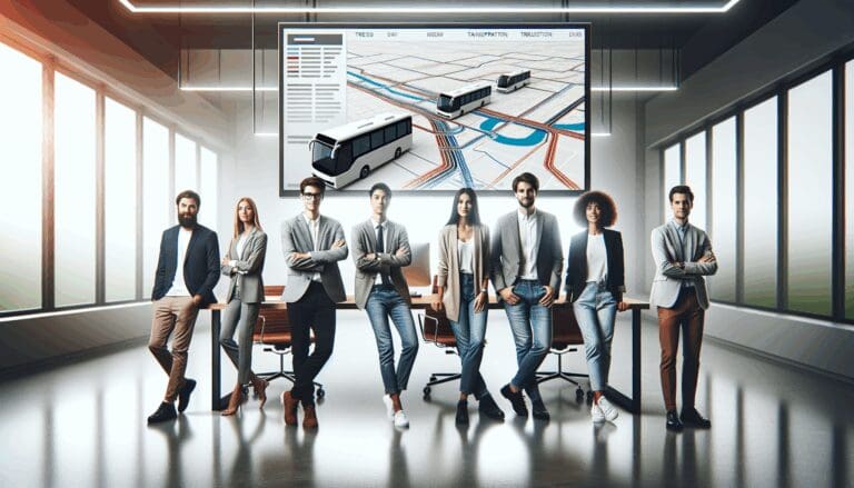 Equipo de emprendedores reunidos frente a una pantalla digital mostrando rutas de transporte en una oficina moderna.