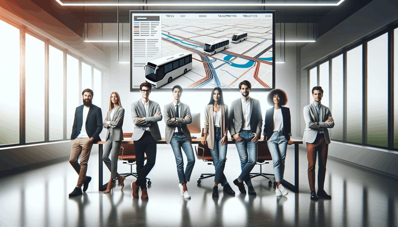 Equipo de emprendedores reunidos frente a una pantalla digital mostrando rutas de transporte en una oficina moderna.