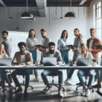 Grupo diverso de emprendedores colaborando en un espacio de coworking moderno, con laptops y pizarras.