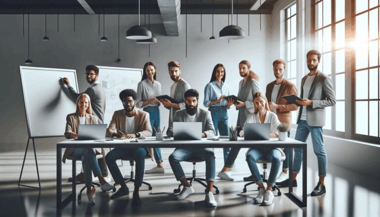 Grupo diverso de emprendedores colaborando en un espacio de coworking moderno, con laptops y pizarras.