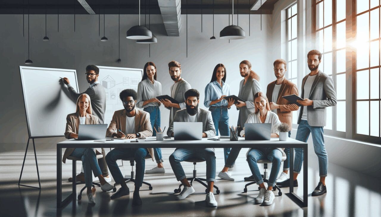 Grupo diverso de emprendedores colaborando en un espacio de coworking moderno, con laptops y pizarras.