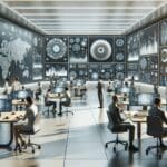 Laboratorio tecnológico con expertos colaborando y pantallas que muestran patrones naturales y gráficos de IA.