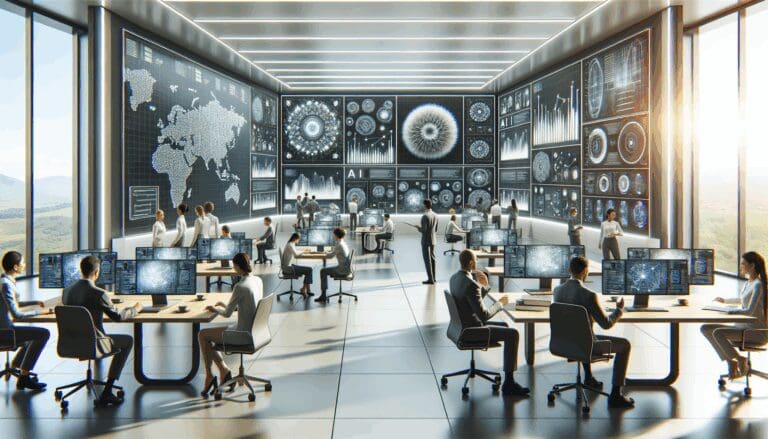 Laboratorio tecnológico con expertos colaborando y pantallas que muestran patrones naturales y gráficos de IA.