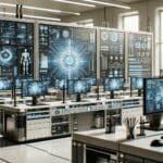 Primer plano de un laboratorio tecnológico moderno con pantallas y equipos de inteligencia artificial en funcionamiento.