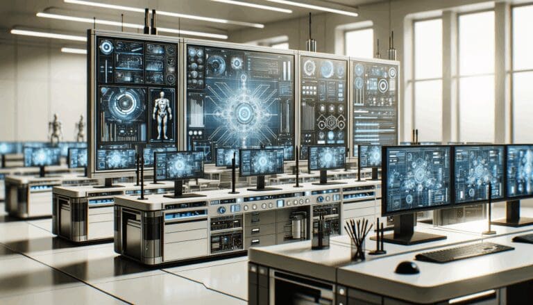 Primer plano de un laboratorio tecnológico moderno con pantallas y equipos de inteligencia artificial en funcionamiento.