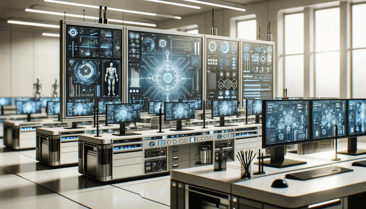 Primer plano de un laboratorio tecnológico moderno con pantallas y equipos de inteligencia artificial en funcionamiento.